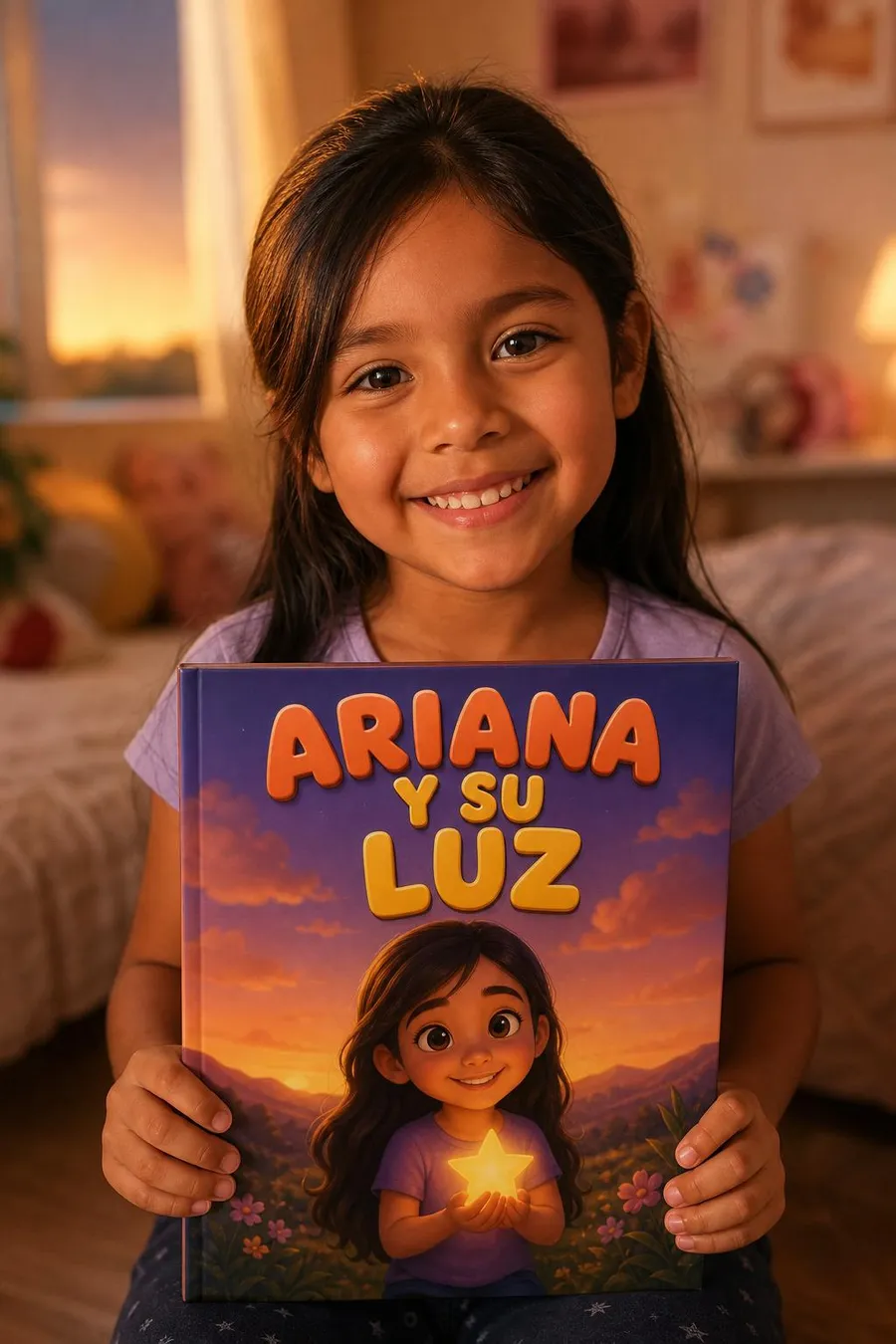 Niña abrazando su libro personalizado de tapa dura