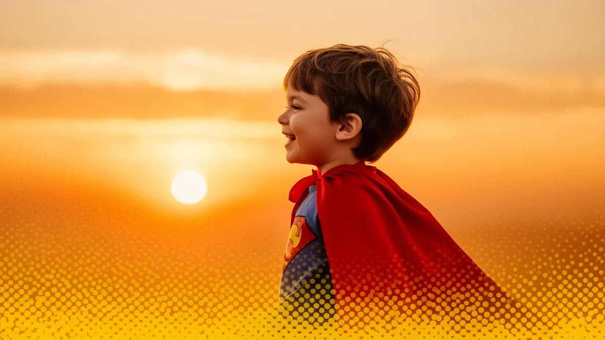 Niño con capa de superhéroe al atardecer